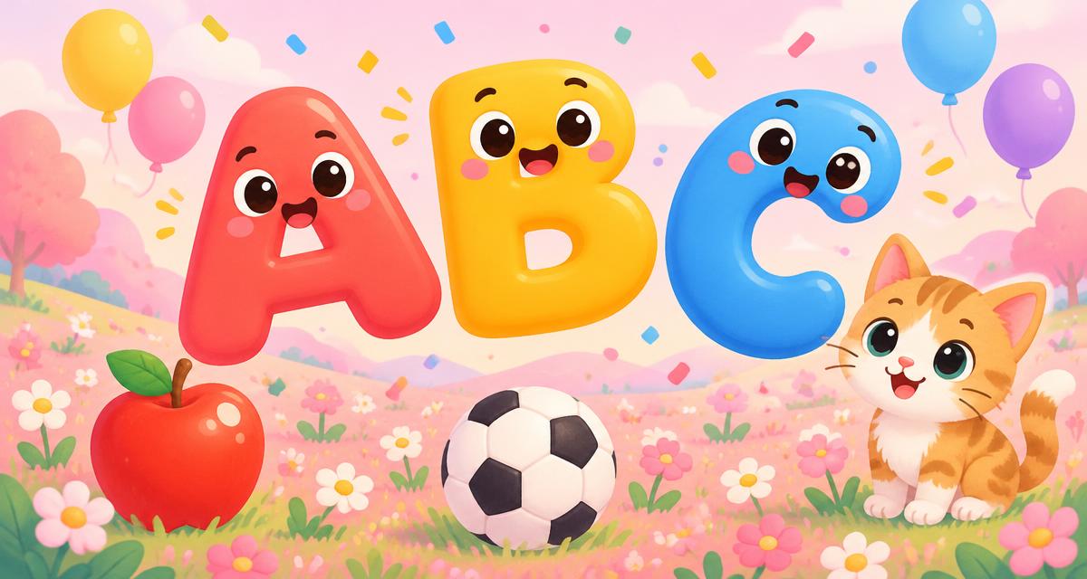 Friendly bubble letters A, B and C with balloons, an apple, a ball and a kitten